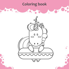 Cute unicorn with swimming circle. Coloring page for kids.