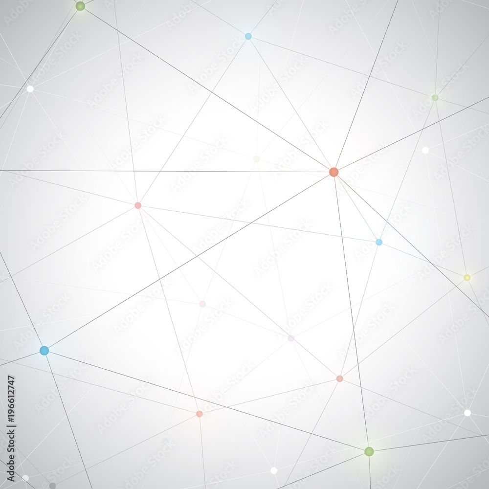 Poster grey graphic background molecule and communication. connected lines with dots, illustration