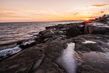 Rocky beach of the Atlantic Ocean at sunset. USA. Maine.

