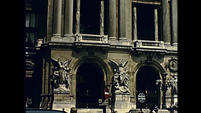 The 1860s Eglise de la Trinite built in Renaissance and Gothic styles. Church of the Trinity of Paris in France. And the historic building of Paris opera ballet theater in restored footage in 1960.