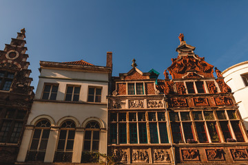 low angle view of beautiful traditional buildings in Ghent, Belgium