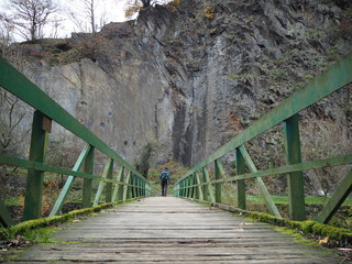 Brücke mit grünem Geländer und Person von hinten