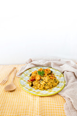 Prawn with rice - closeup of prawn with rice - traditionnal spanish food paella