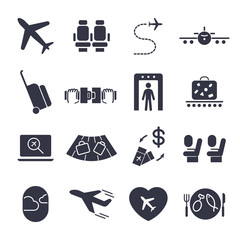 Airport icon set, airport management icons, aerial transportation icons plane, seat, airway, rechange, suitcase and other