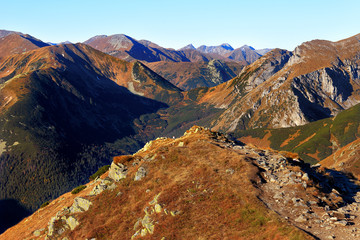 Poland, Tatra Mountains, Zakopane - Stoly, Rozpadla Gran and Jaworowy Kopiec peaks, Tomanowa Pass, Tomanowa, Rozpadla and Cicha Valleys with Western Tatra mountain range panorama in background