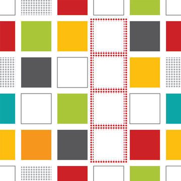 Seamless memphis style pattern with colorful squares and dots