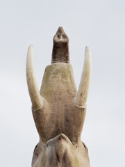Ant eye view of elephant statue show the lower parts of neck, tusks, and trunk over pale blue sky background