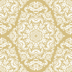 Damask classic golden and white pattern. Seamless abstract background with repeating elements. Orient background