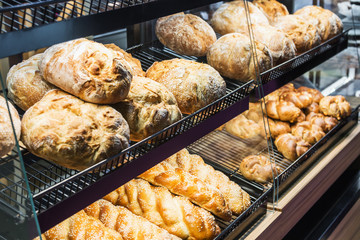 freshly baked bread and bakery products on the counter
