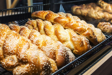 freshly baked bread and bakery products on the counter