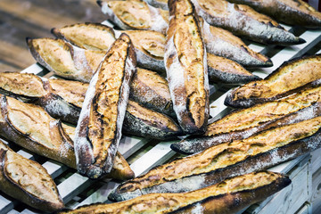 freshly baked bread and bakery products on the bakery counter.