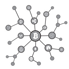 Blockchain blocks with cryptocurrency symbols. Bitcoin digital currency, money virtual cryptography illustration