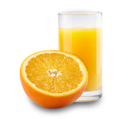 Isolated drink. Glass of orange juice and slice of orange fruit isolated on white background © Tatiana