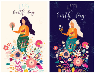 Happy Earth Day Vector template with woman and bouquet of flowers. Banner templates, poster, greeting cards