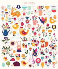 Big spring easter collection of flowers, leaves, birds, bunny and spring symbols	