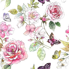 Watercolor floral pattern. Seamless pattern with purple and pink bouquet on white background. Meadow flowers, roses, peonies and butterflies