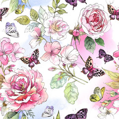 Watercolor floral pattern. Seamless pattern with purple and pink bouquet on white background. Meadow flowers, roses, peonies and butterflies
