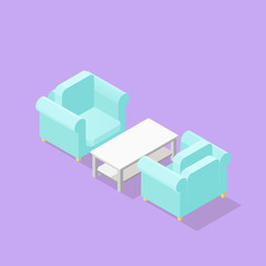 Low poly isometric armchairs and coffee table. Realistic icon. Isolated illustration of living room furniture