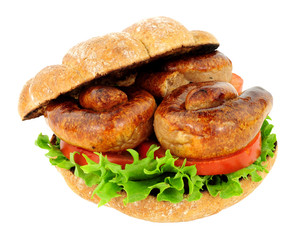 Sausage and salad sandwich roll isolated on a white background