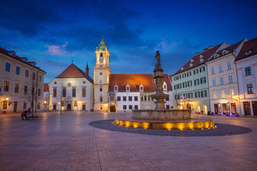 Fototapeta na wymiar Bratislava. Cityscape image of the Main Square and Old Town Hall in Bratislava, Slovakia during twilight blue hour.