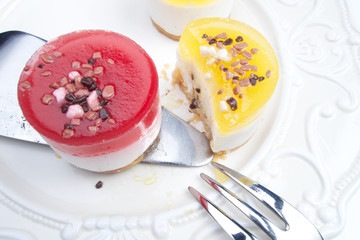 Sweet colourful fruit panna cotta with chocolate decoration