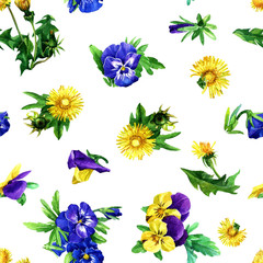 Seamless pattern of dandelion flowers and violets painted in watercolor.