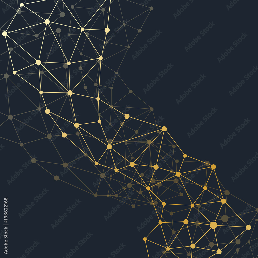 Poster Golden structure molecule atom dna and communication background. Concept of neurons. Connected lines with dots. Illusion nervous system. Medical scientific illustration.