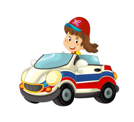 cartoon scene with happy child - girl in toy ambulance car on white background - illustration for children