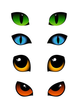 Vector illustration set of cat emotions eyes in different colors isolated on white background. Green, blue and yellow cats eyes.