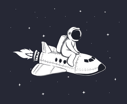 Cute astronaut flies on space shuttle in outer space.Childish vector illustration.Prints design