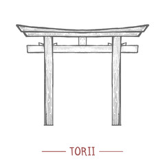 Torii. Japanese Sacred Symbol in Hand Drawn Style for Surface Design Fliers Prints Cards Banners. Vector Illustration