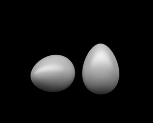 Two white chicken eggs on black background