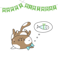 Fototapeta na wymiar Hand drawn Happy Birthday greeting card with cute funny cartoon cat with a ribbon lying on its back, thinking of fish. Isolated objects on white background. Vector illustration. Design concept kids.