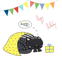 Hand drawn Happy Birthday greeting card with cute funny cartoon cat sleeping under blanket, dreaming of fish, text. Isolated objects on white background. Vector illustration. Design concept for kids.