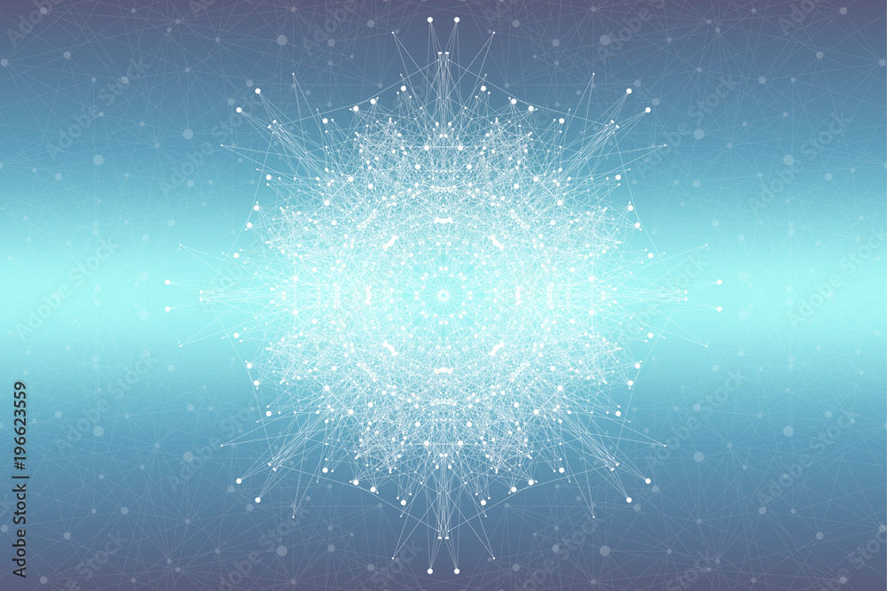 Poster Geometric abstract with connected line and dots, radial graphics. Minimalism chaotic background visualization. Linear sign, symbol. Big data illustration.