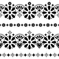 Mexican folk seamless vector background - black and white long designs with flowers 
