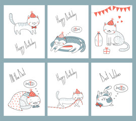 Set of hand drawn ready to use birthday cards templates with cute funny cartoon cats in party hats, typography. Vector illustration. Design concept for children, celebration.