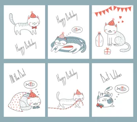 Sierkussen Set of hand drawn ready to use birthday cards templates with cute funny cartoon cats in party hats, typography. Vector illustration. Design concept for children, celebration. © Maria Skrigan