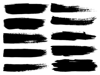 Vector collection of artistic grungy black paint hand made creative brush stroke set isolated on white background. A group of abstract grunge sketches for design education or graphic art decoration