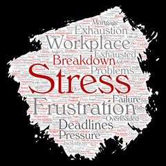 Vector conceptual mental stress at workplace or job pressure paint brush or paper word cloud isolated background. Collage of health, work, depression problem, exhaustion, breakdown, deadlines risk