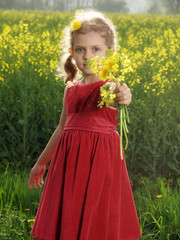 Outdoor little girl with bouquet of dandelions