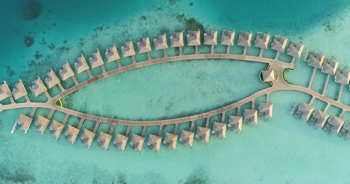 Top Down Aerial Shot of the Luxury Overwater/ Floating Bungalow's and Villas Connected
