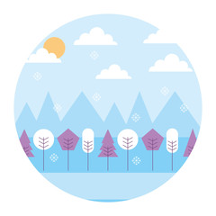 landscape winter season snow mountains forest sun clouds round design vector illustration 