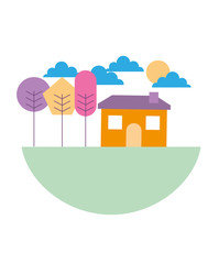 landscape house trees clouds sun round design vector illustration 
