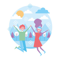 young couple jumping in the winter panorama vector illustration