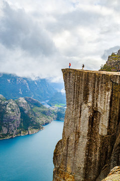 Norway, Scandinavia, Europe. Spectacular view on Lysefjord and Norwegian iconic landmark Preikestolen  pulpit rock. Traditional northern Norwegian nature landscape. Travel to Scandinavia background.