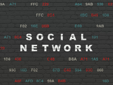 Social network concept: Painted white text Social Network on Black Brick wall background with Hexadecimal Code