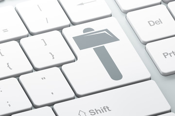 Construction concept: Enter button with Hammer on computer keyboard background, 3D rendering
