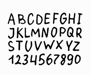 Doodle simple primitive kids alphabet, vector hand drawn letters elements. For kids books, posters, postcard typography