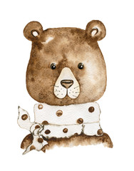 Miś. Akwarela ilustracja: niedźwiedź brunatny z szalikiem. - 196627963